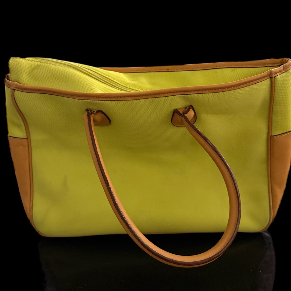 Mulholland Brothers Leather Trim Nylon Canvas Tote Bag Zippered Yellow Green
